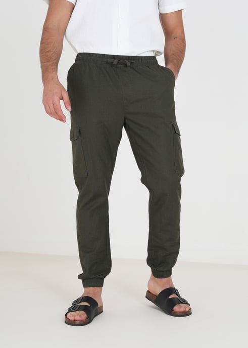 Khaki 'Beach' Cotton Linen Blend Cargo Trousers - Image 1