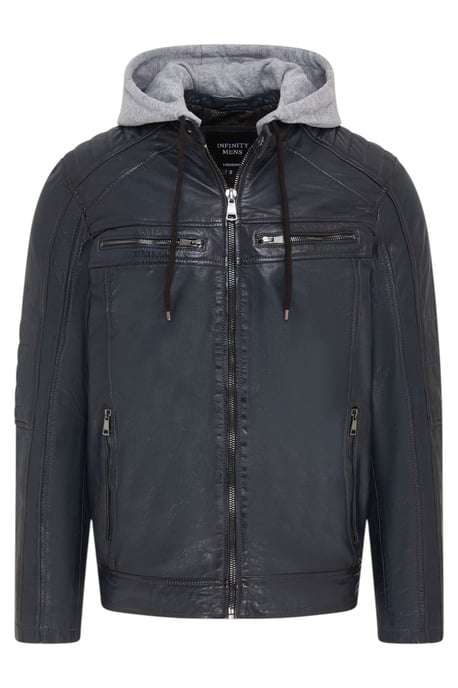 Heren blauwe capuchon biker lamsleren jas - Kingston - Image 2