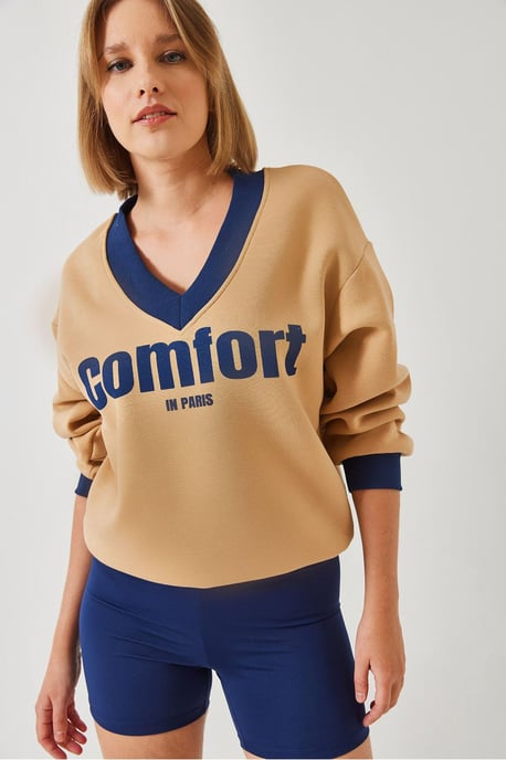 V-hals Gebreid Sweatshirt met Motto Print - Image 3