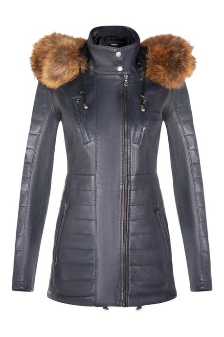 Dames blauwe gewatteerde leren parka-jas - Winton - Image 1