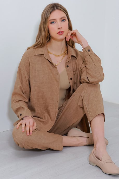 Linnenmix Lange Mouwen Shirt en Broek Set - Image 1