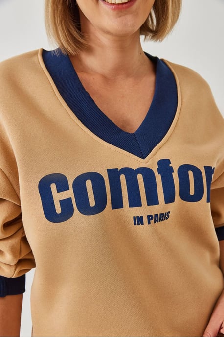 V-hals Gebreid Sweatshirt met Motto Print - Image 4