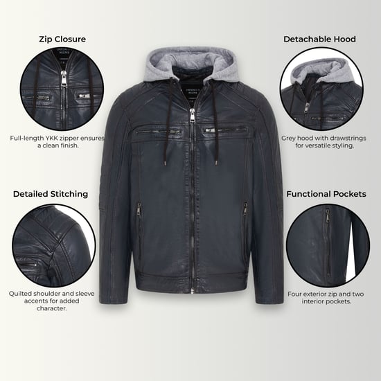 Heren blauwe capuchon biker lamsleren jas - Kingston - Image 3