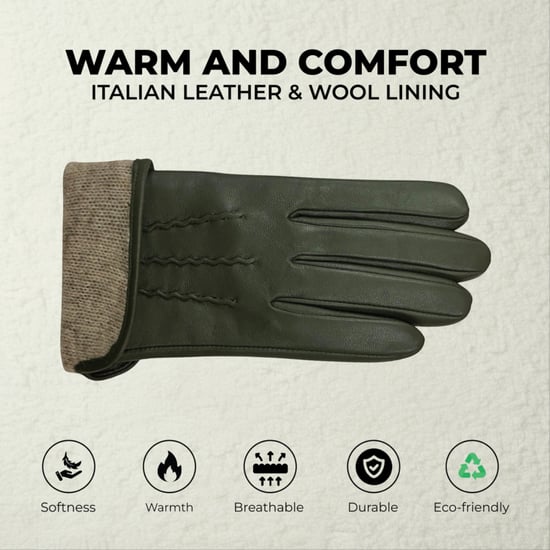 Dames olijfgroene Italiaanse leren zachte wollen voering wintersteeklijnontwerp rijhandschoenen - Image 3