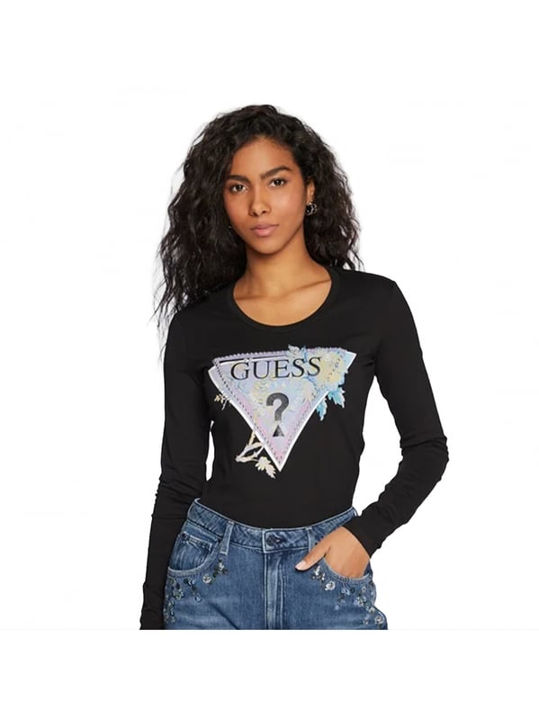 T shirt Guess Woman Groot logo driehoek bloemen