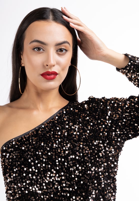 Glitzer One Shoulder Top Mit Pailletten - Festliches Oberteil Für Silvester & Partys