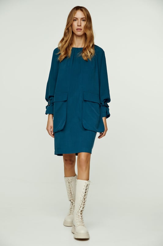 Petrol Blue Pocket Detail Tencel Jurk