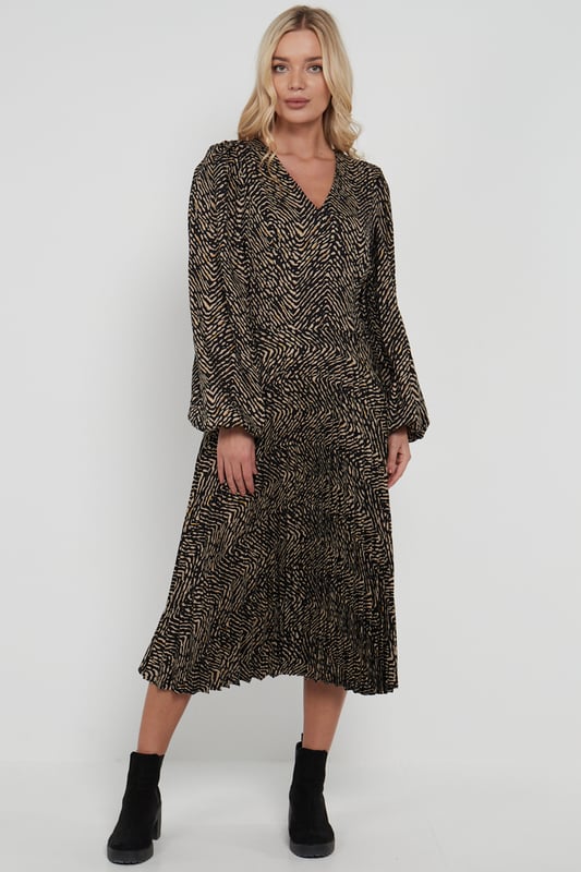Zwarte geplooide midi jurk met lange pofmouwen en print
